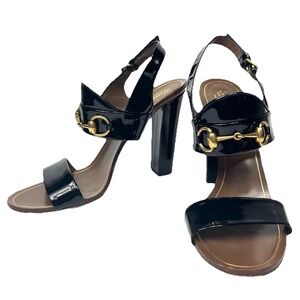 Gucci Patent Leather Horsebit Heel Sandals Black Size 40.5 US 10.5 Luxury Chic